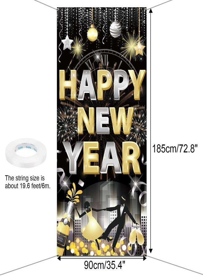 هواف غطاء باب HOWAF "عام جديد سعيد"، لافتة زينة رأس السنة 2026 باللونين الأسود والذهبي، لافتة باب ليلة رأس السنة لمستلزمات حفلات رأس السنة، خلفية "عام جديد سعيد 2026" - Image 2